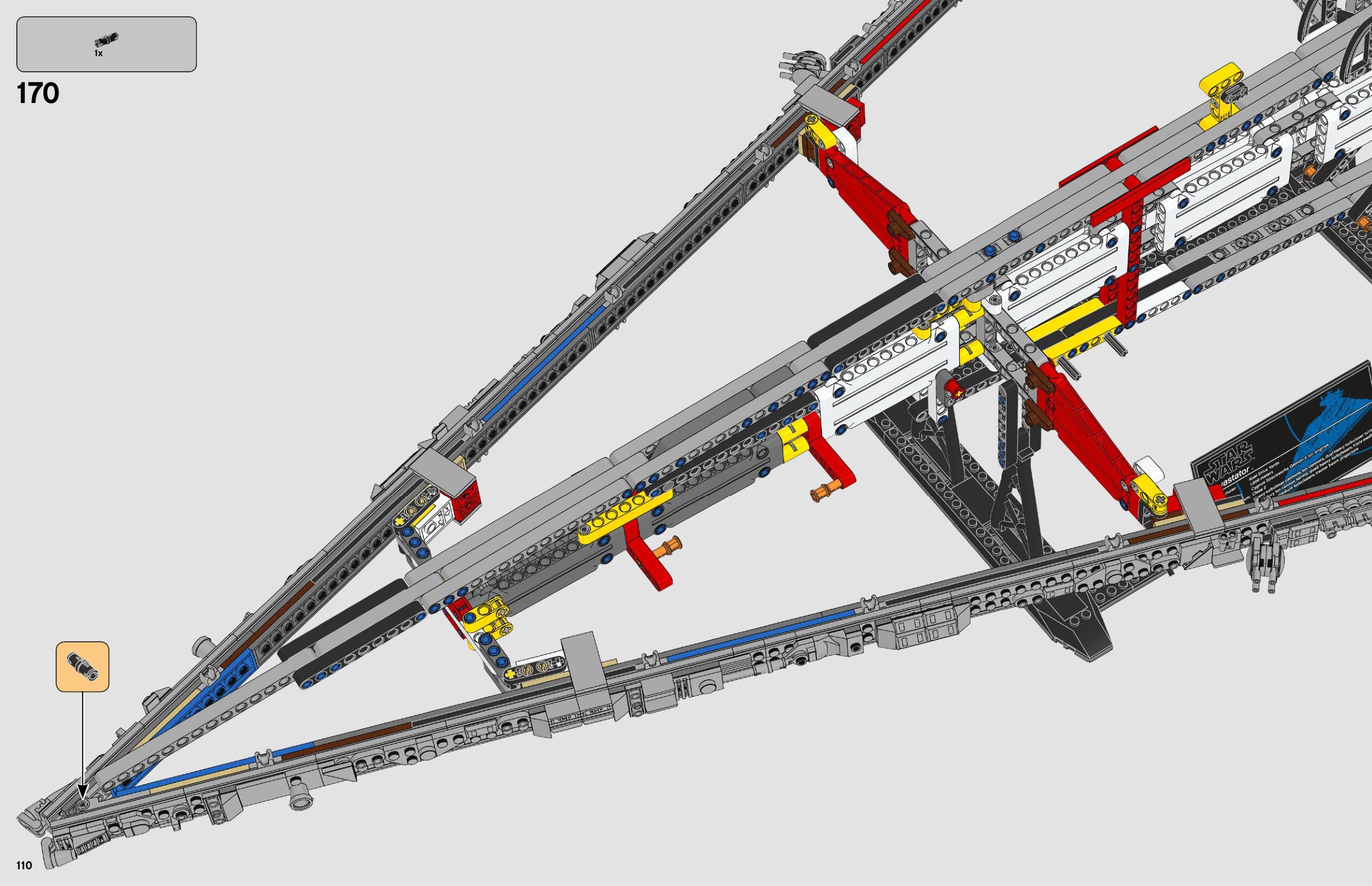 Extrait de la notice LEGO 75252 page 110 : le châssis triangulaire Technic soutient la pointe et rejoint le présentoir.