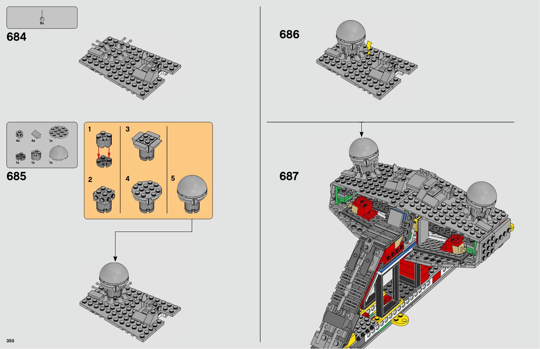 Extrait de la notice LEGO 75252 page 350 : les deux dômes gris de la passerelle prennent place au sommet du destroyer.