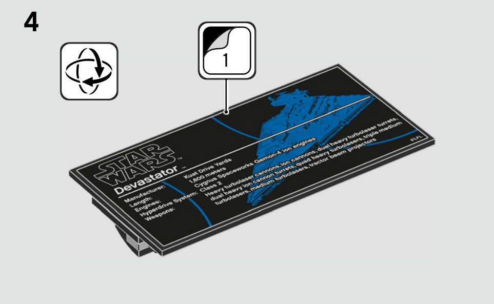 Notice LEGO page 34 : application de l’autocollant 1 sur la plaque noire UCS.