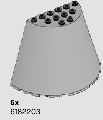 Inventaire LEGO page 443 : six demi-cônes gris clair 6182203.