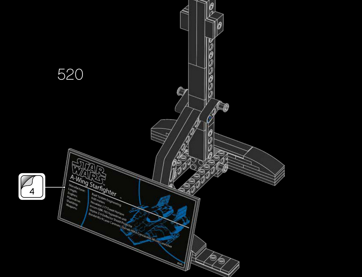 Notice LEGO page 249 : l’autocollant 4 est appliqué sur la plaque noire du présentoir.