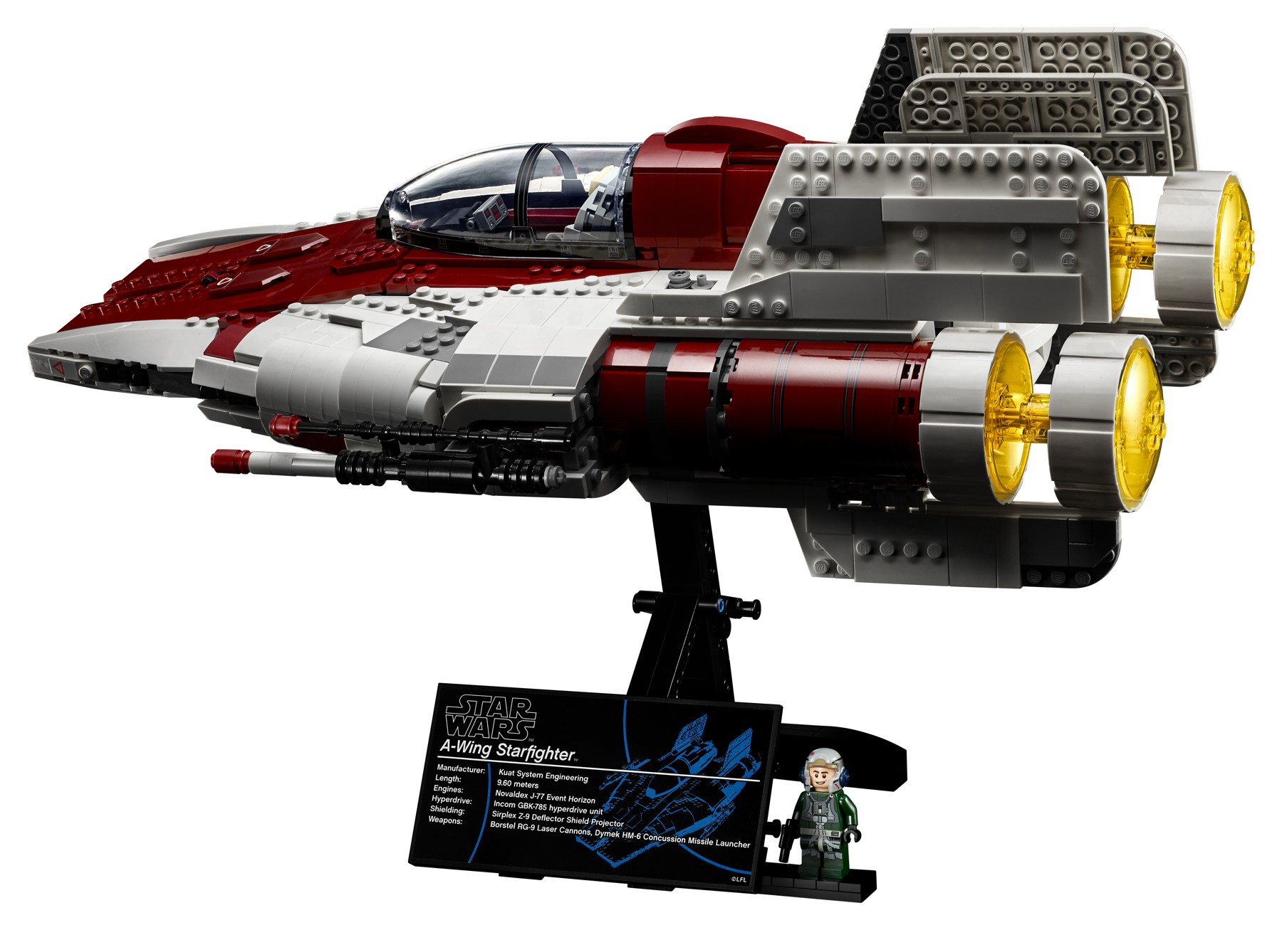 Vue arrière officielle du LEGO 75275 : les quatre disques jaunes transparents des deux moteurs et les ailerons blancs.
