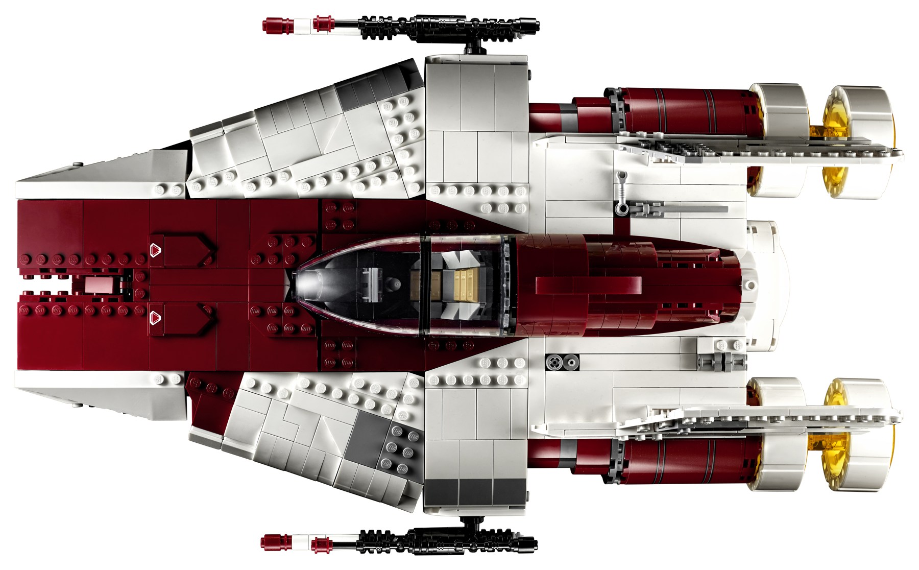 Vue officielle du LEGO 75275 de dessus, verrière retirée : le siège et les commandes du cockpit sont visibles.