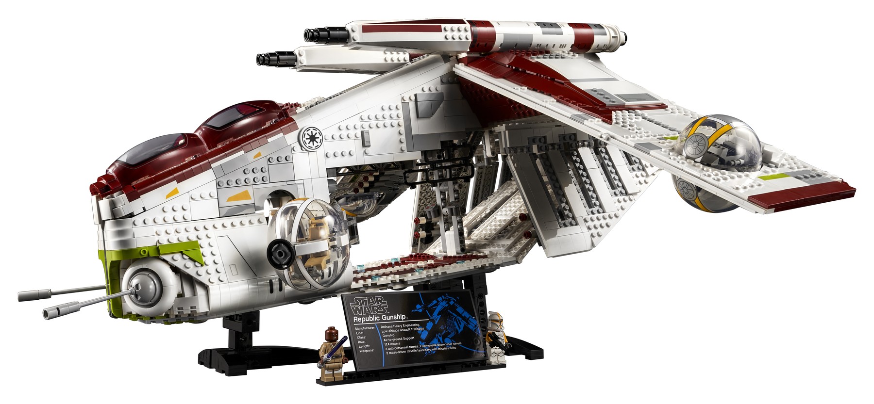 Vue latérale officielle du LEGO 75309 sur son socle : la vaste soute ouverte et les bras des portes sont visibles sous les ailes.