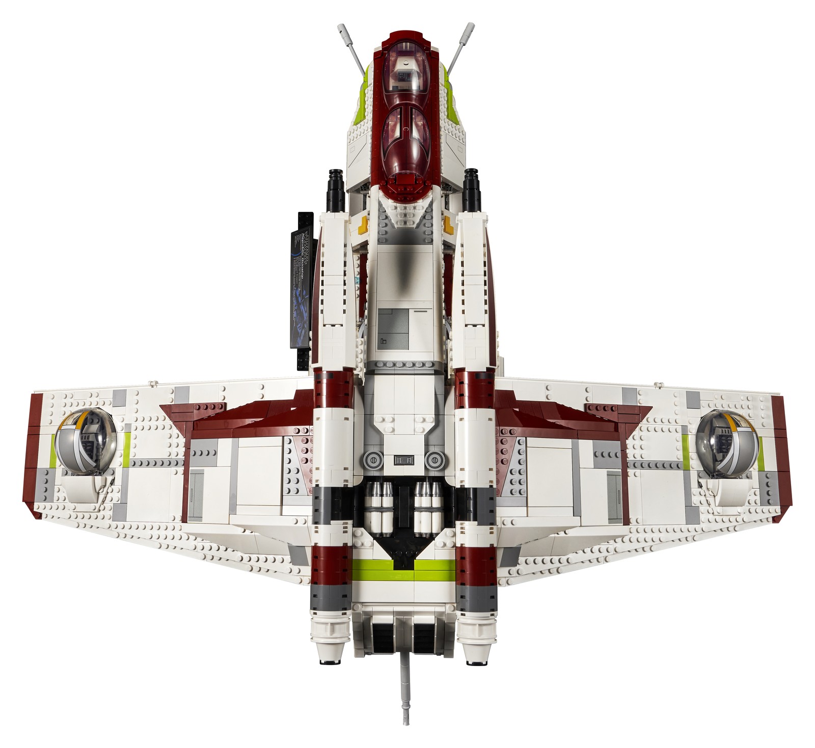Le LEGO 75309 vu de dessus : deux verrières de cockpit, les deux ailes et leurs tourelles sphériques.