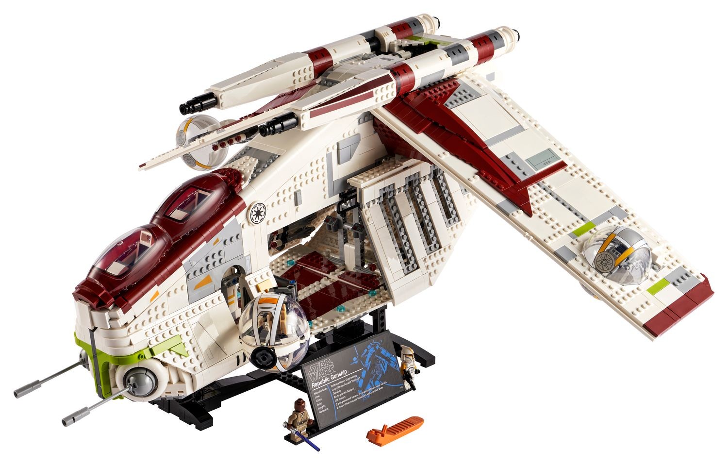 LEGO 75309 Republic Gunship UCS sur son présentoir, avec la plaque descriptive, Mace Windu, le commandant clone et le séparateur orange.