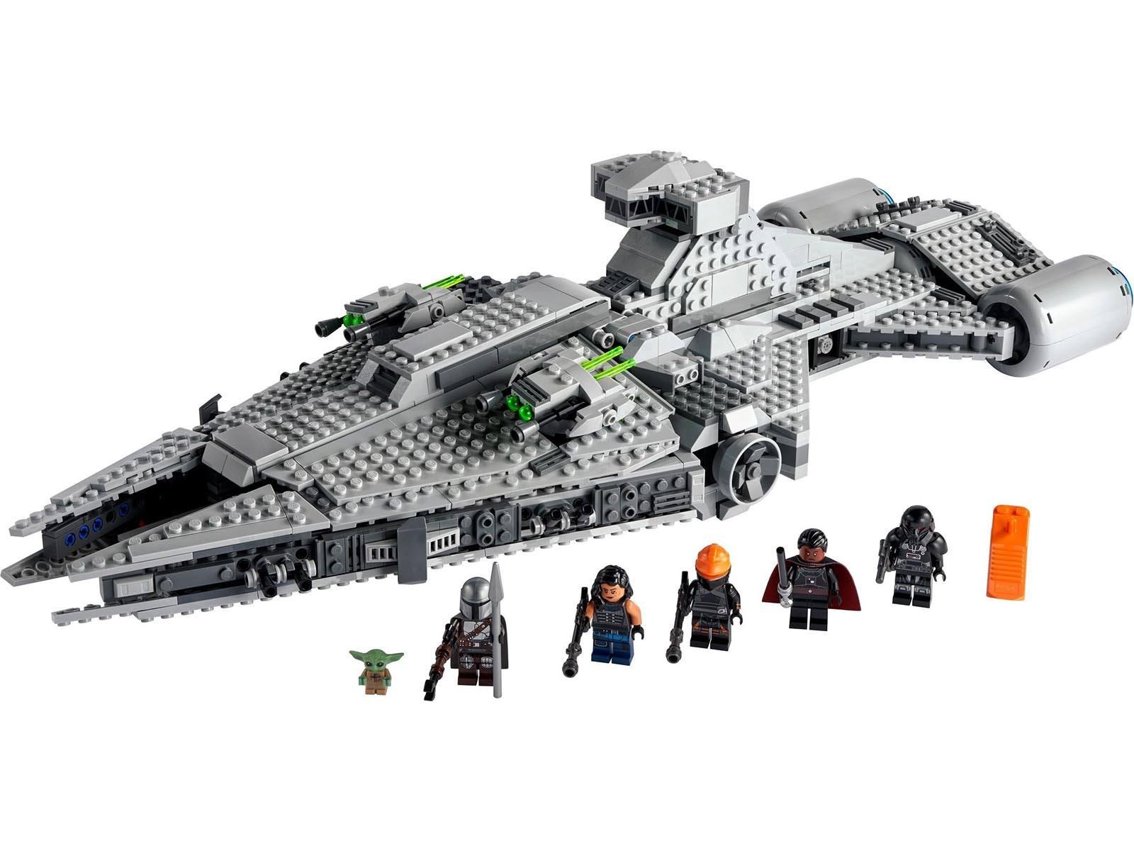 Ensemble LEGO 75315 avec le croiseur, les deux mini TIE, les cinq minifigurines, Grogu et le séparateur orange.
