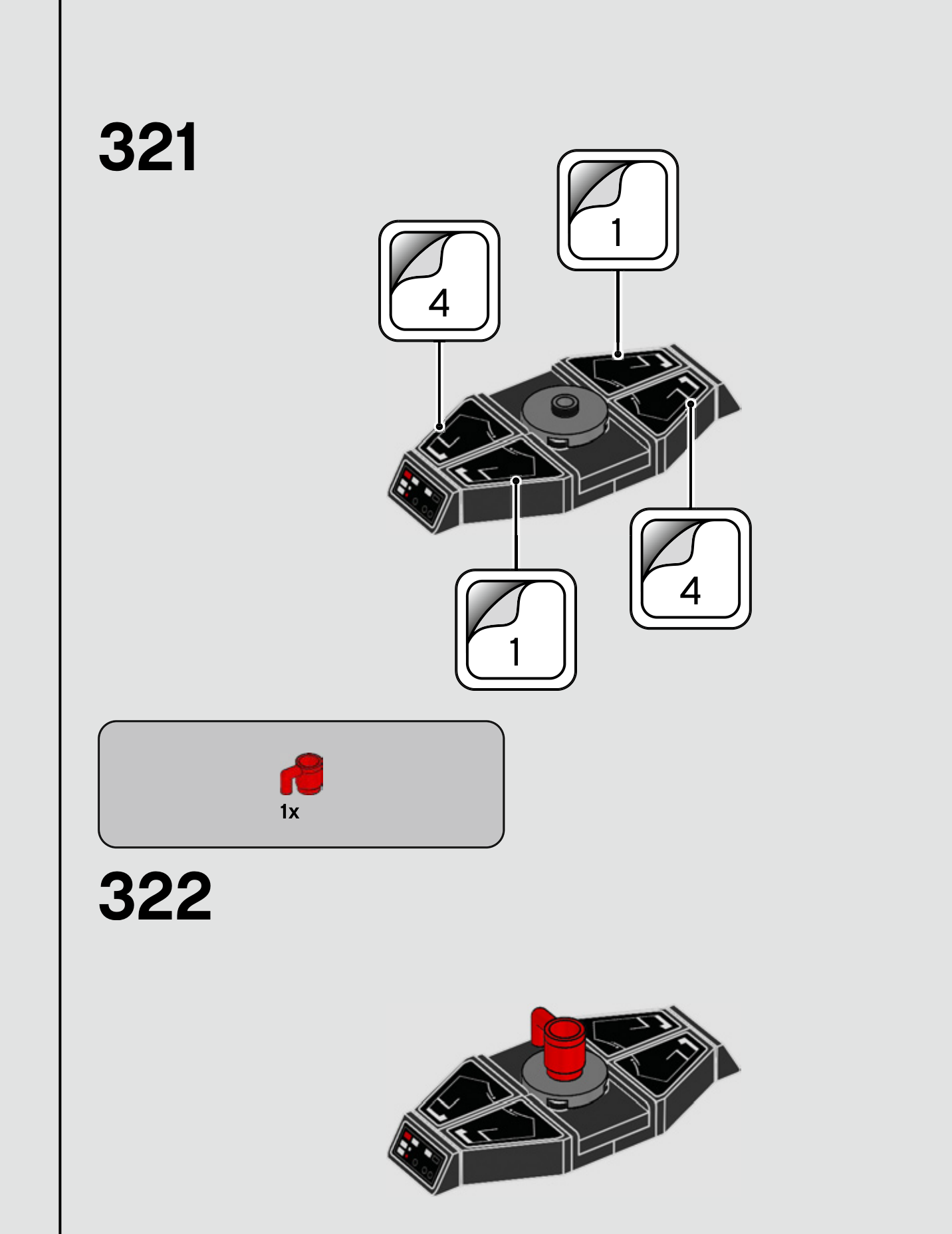 Notice LEGO 75315, page 221 : pose des autocollants sur la table de commande, puis ajout d’une petite tasse rouge.