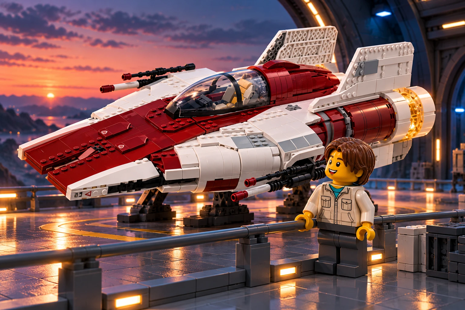 Illustration en briques : un adolescent découvre le chasseur A-wing dans un hangar ouvert sur le crépuscule.