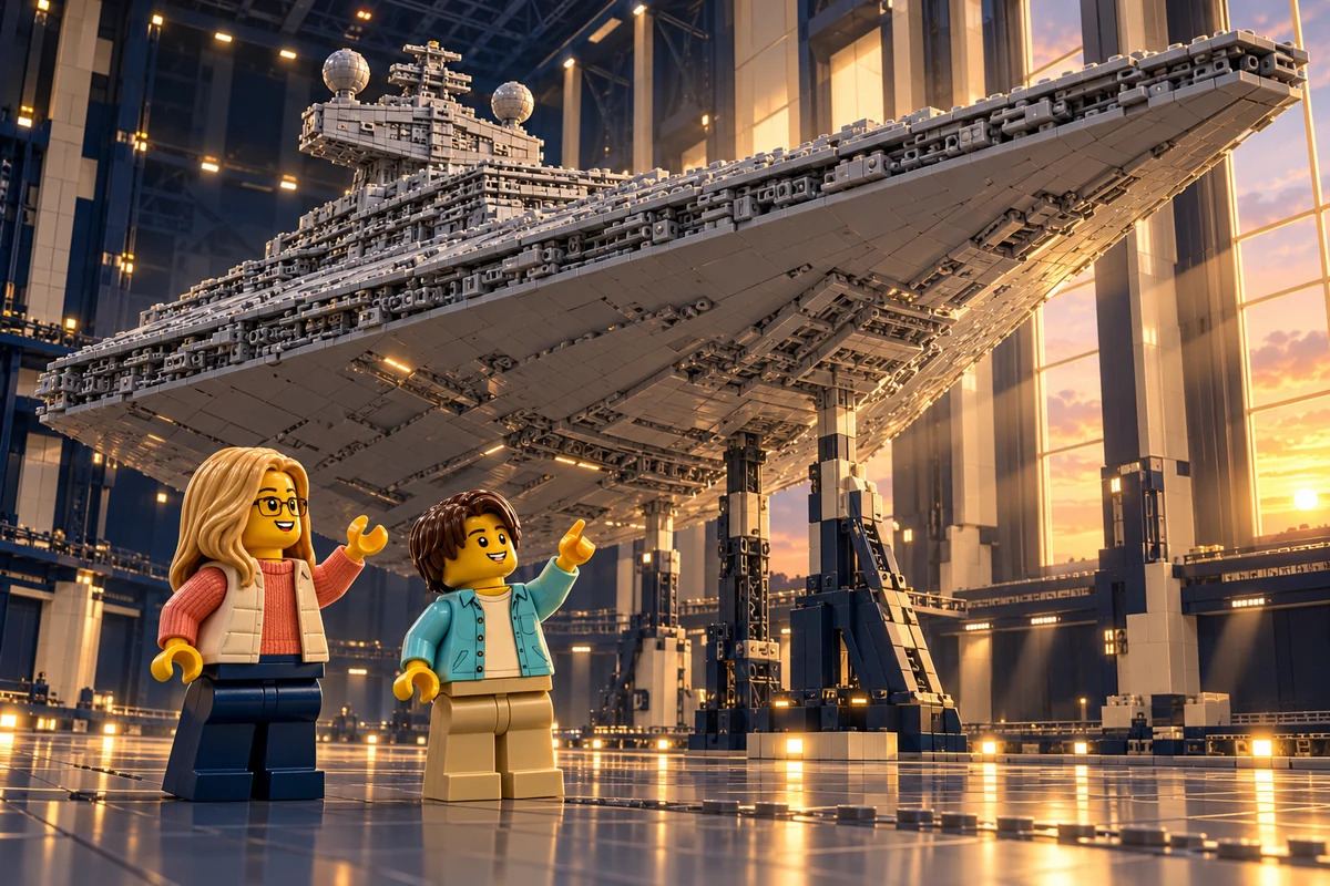 Illustration en briques : une adulte et un adolescent découvrent la silhouette monumentale d’un destroyer dans un hangar.