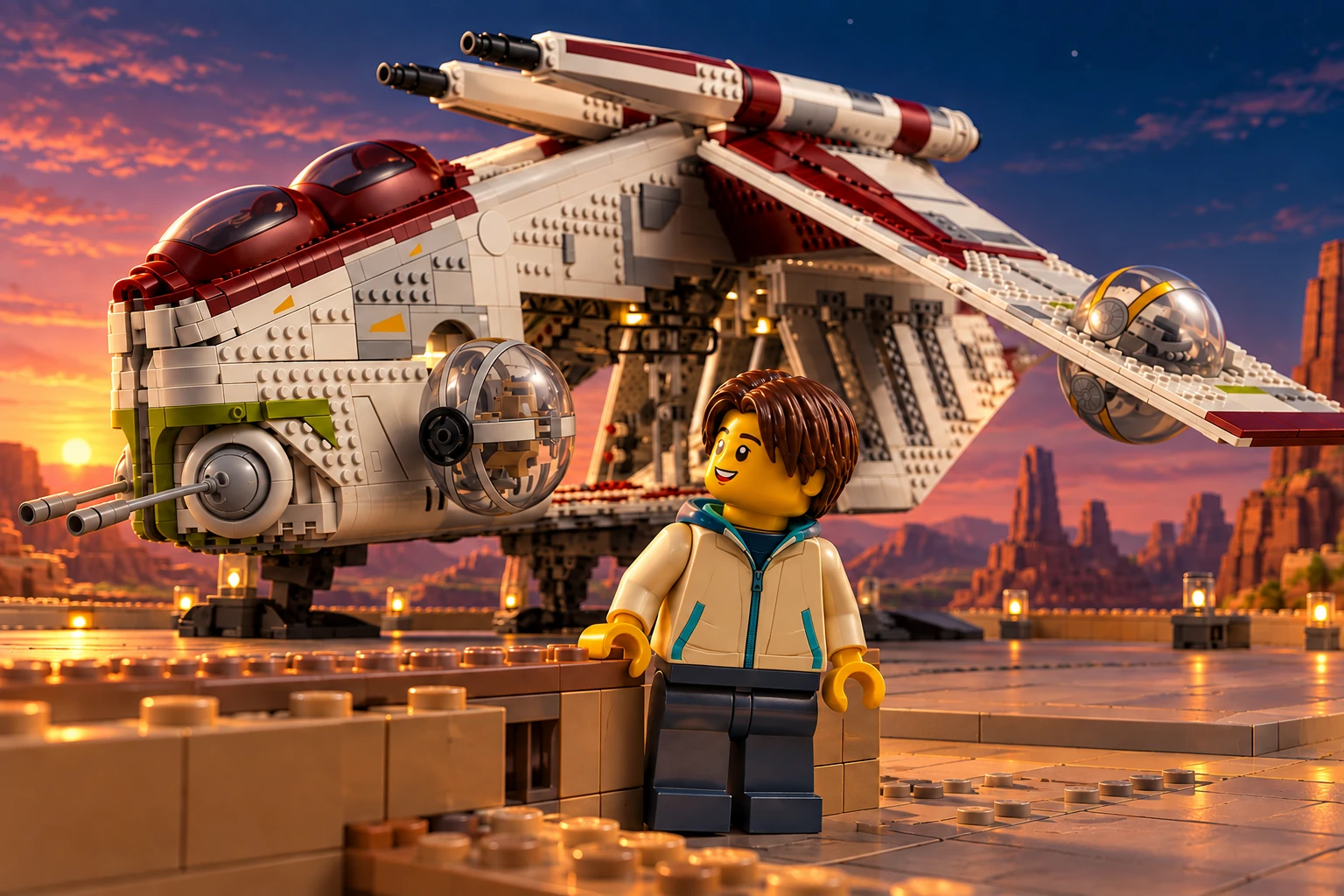 Illustration en briques : un adolescent découvre le Republic Gunship dans un décor miniature au crépuscule.