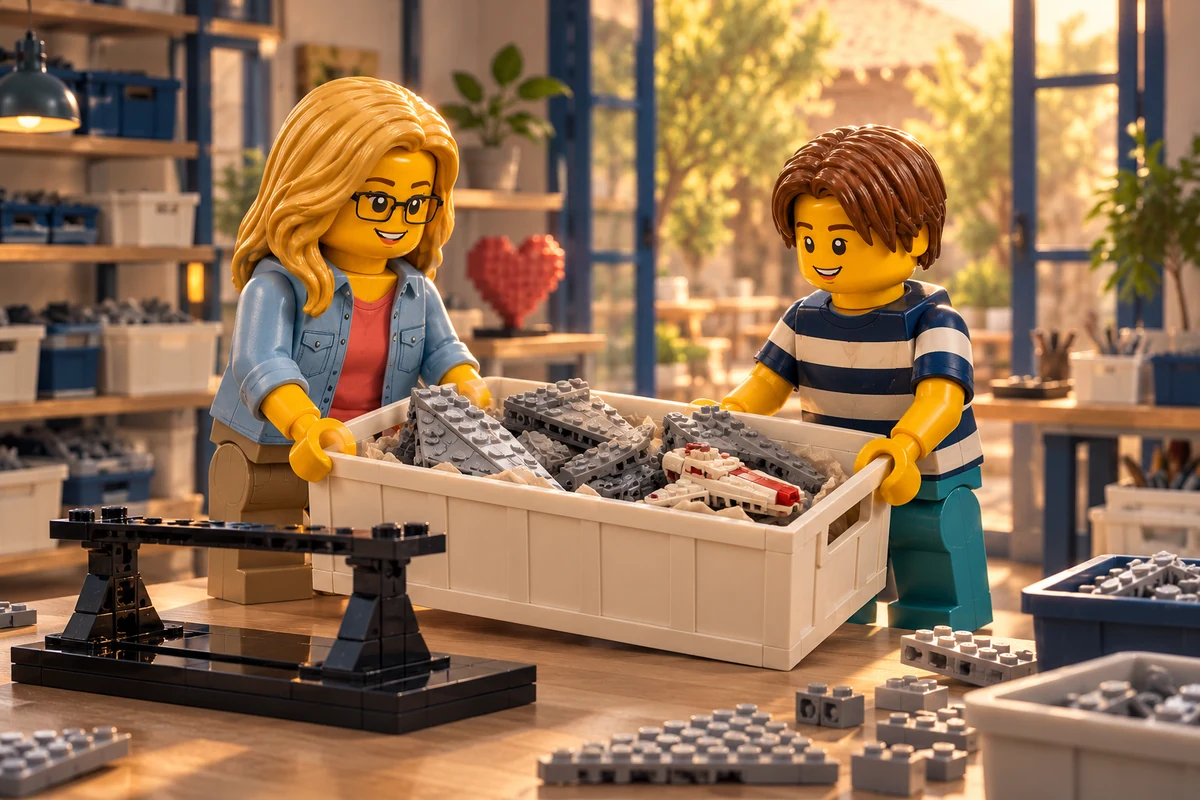 Illustration en briques : une adulte et un adolescent se transmettent une caisse de sous-ensembles gris, avec un socle posé sur la table.