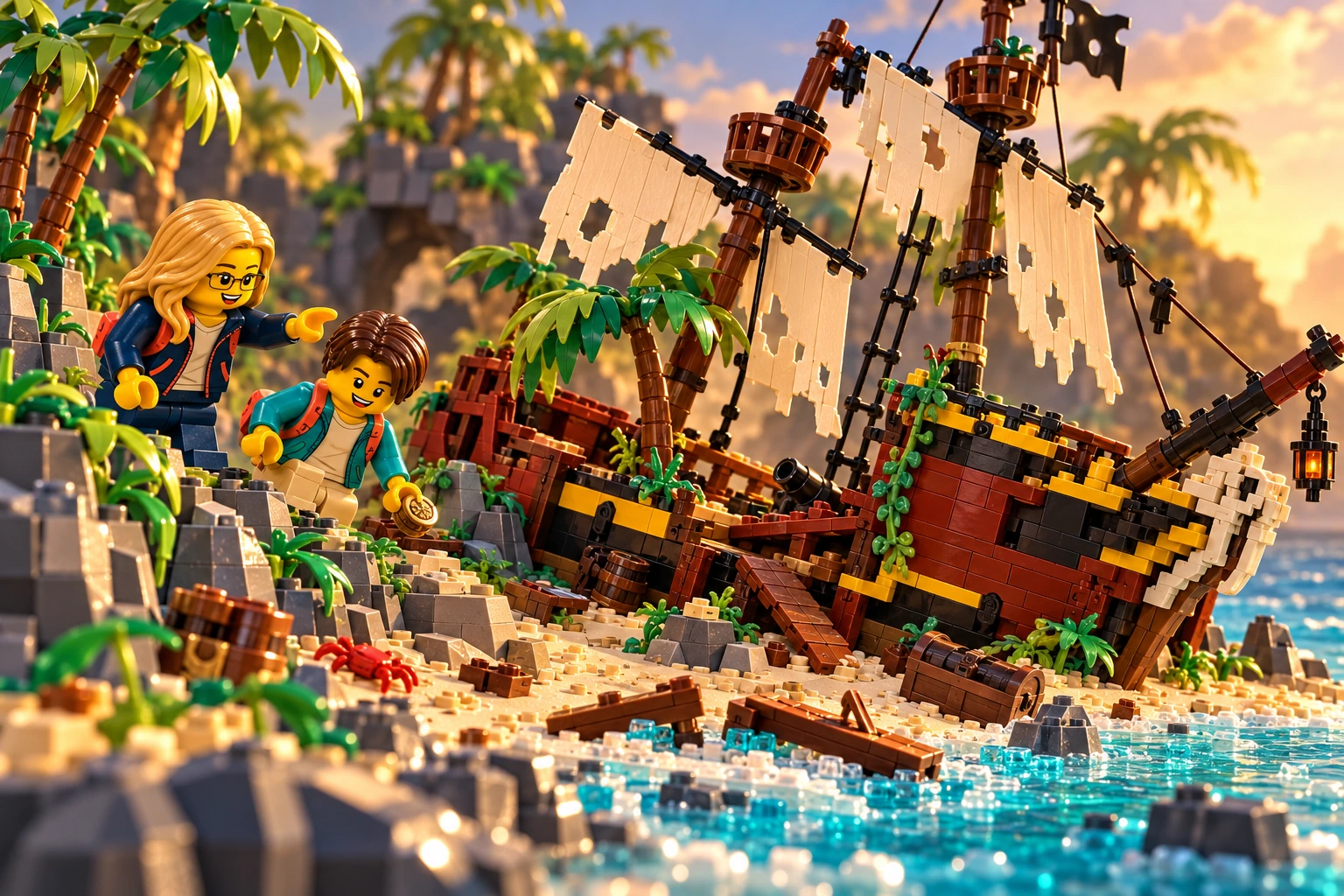 Illustration en briques : deux minifigurines découvrent une épave de galion transformée en île de pirates.