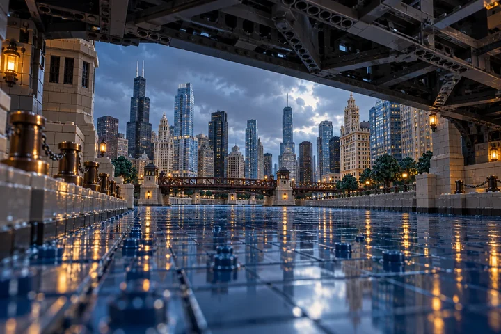Illustration en briques : une rivière en briques bleu profond passe sous un pont à poutres sombres, entre les quais et une silhouette urbaine inspirée de Chicago.