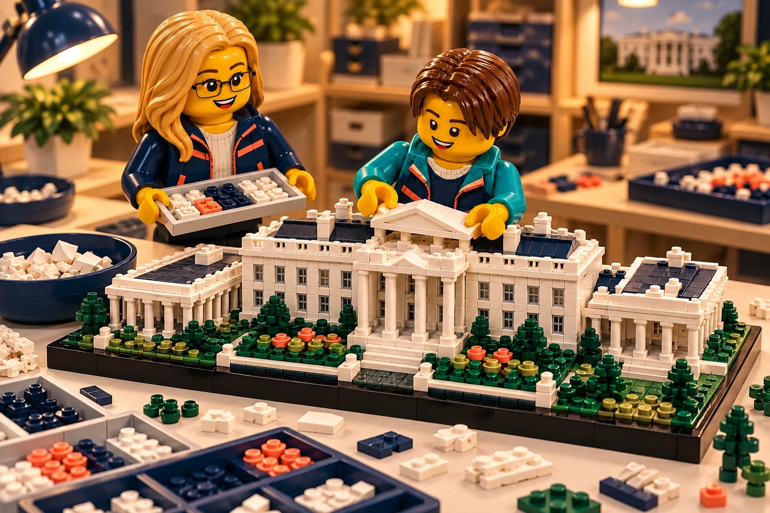 Illustration en briques : deux minifigurines assemblent une construction inspirée de Maison Blanche, avec des pièces triées sur une table.