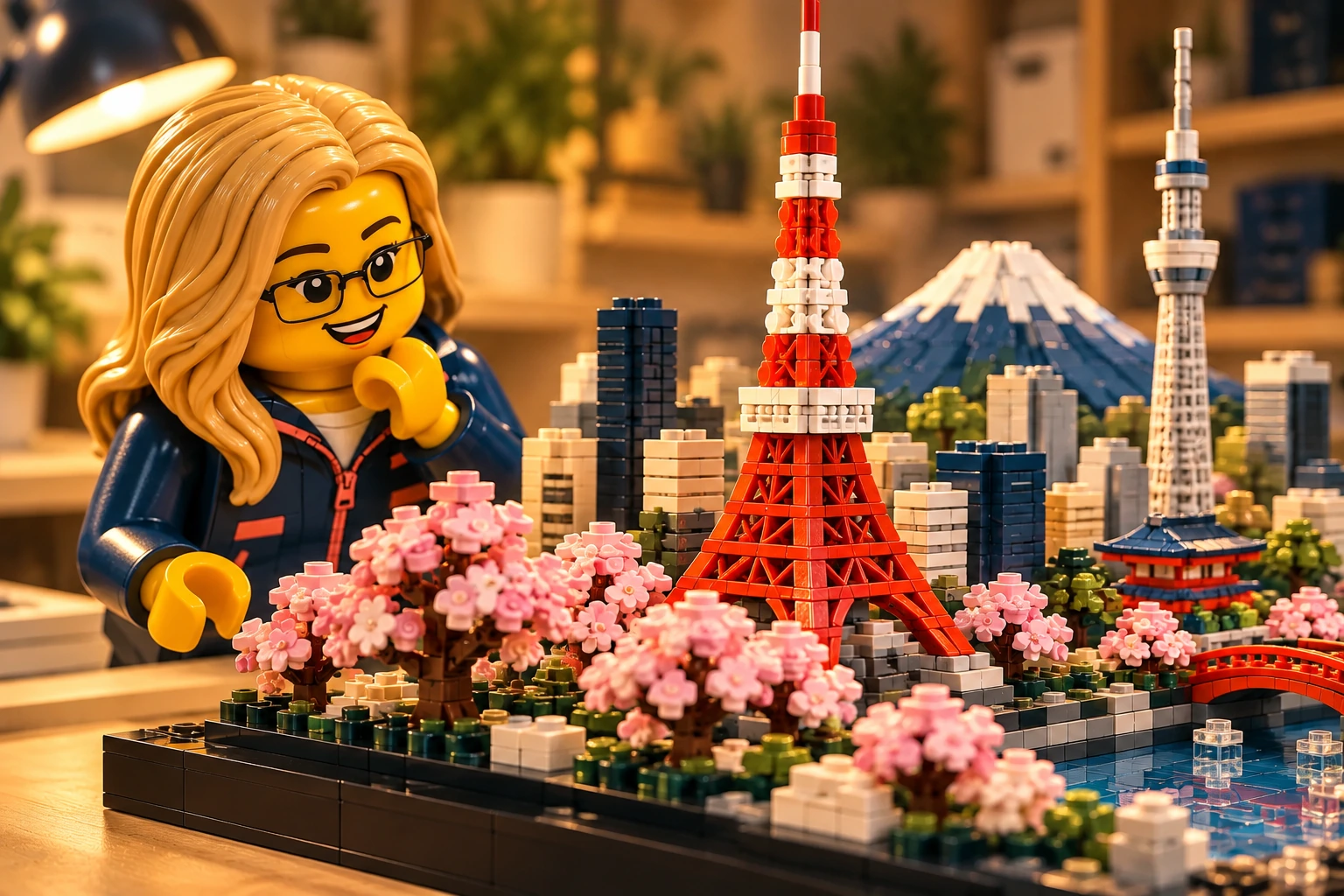Illustration en briques : une minifigurine à lunettes observe les cerisiers roses et la tour rouge et blanche.