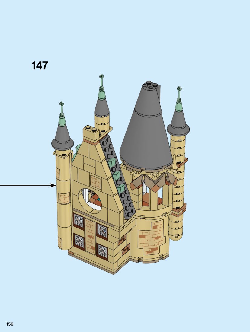 Extrait officiel LEGO 75969, page 156 : Une flèche complète la silhouette de la tour