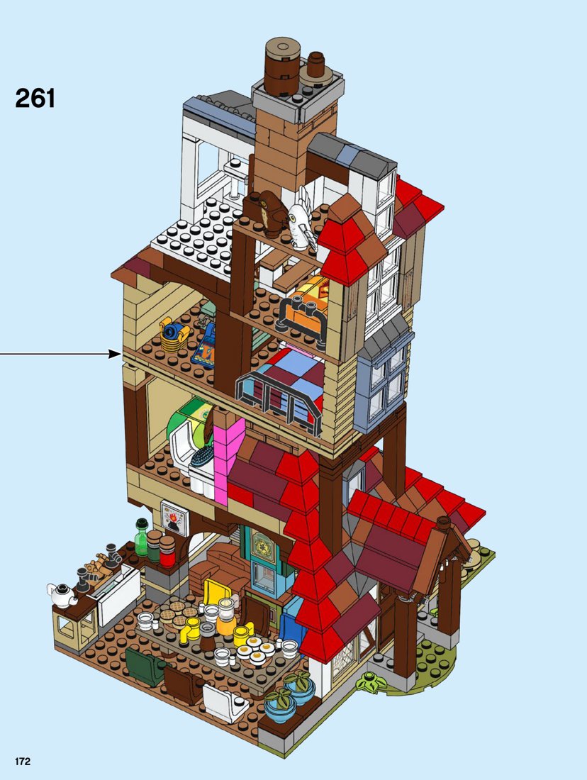 Extrait officiel LEGO 75980, page 172 : Le dernier module coiffe une maison décalée