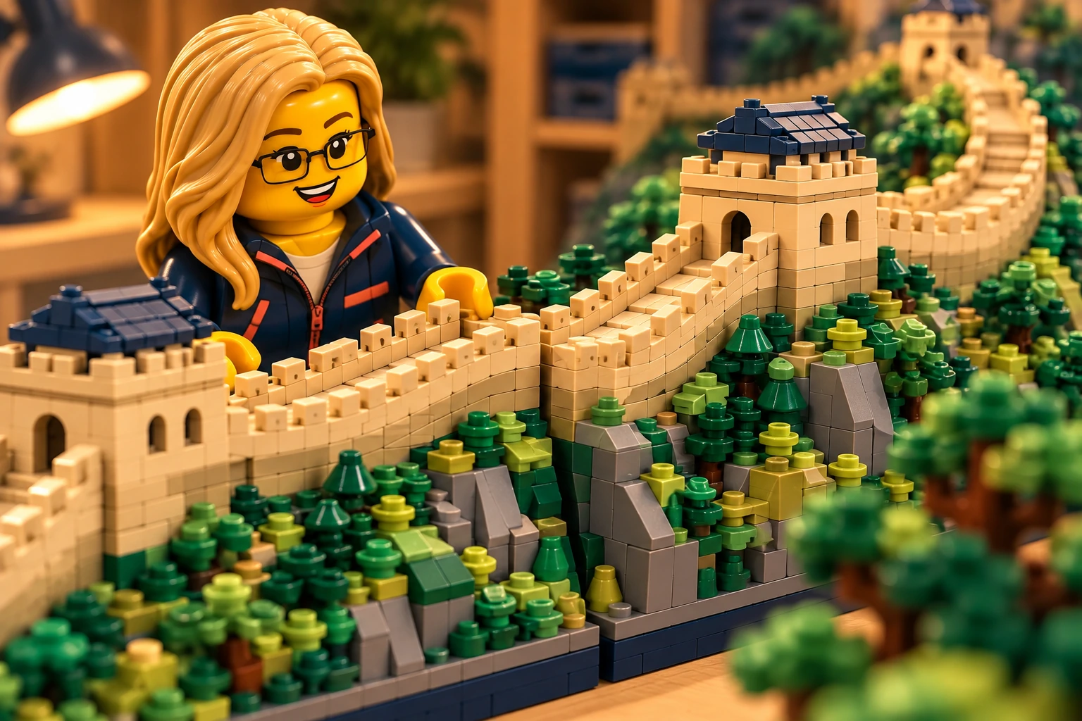 Illustration en briques : une minifigurine à lunettes observe les créneaux et les tours sur le relief.