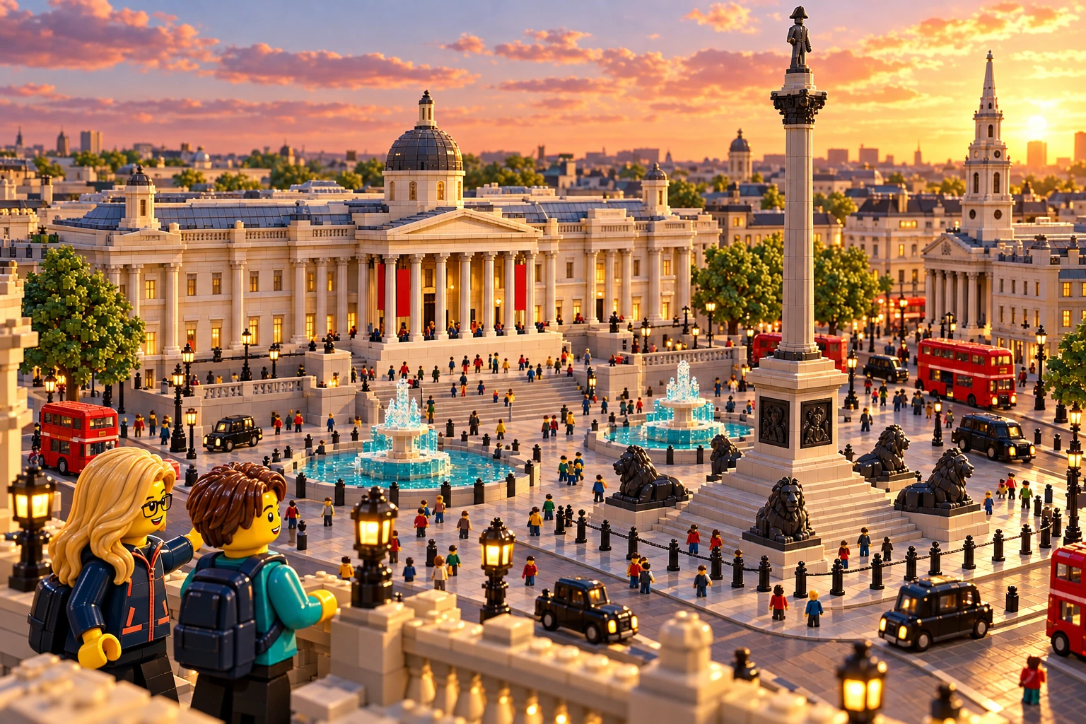 Illustration en briques : découverte de Trafalgar Square, devant la National Gallery et la colonne de Nelson.