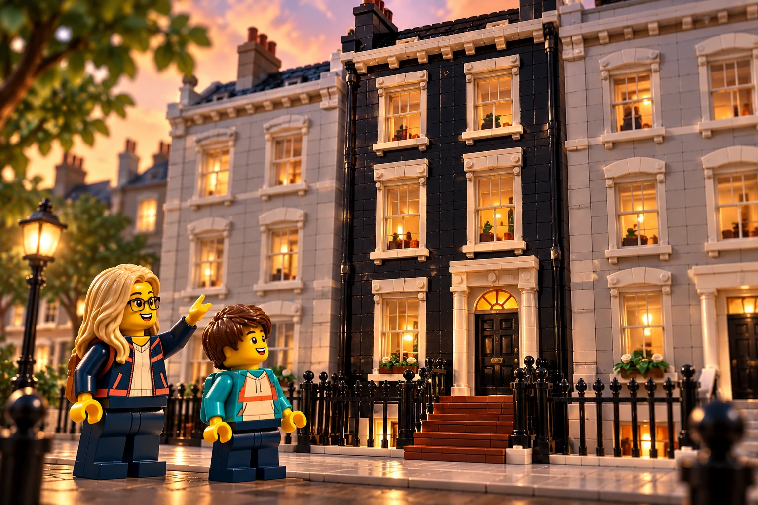 Illustration en briques : deux minifigurines découvrent des maisons londoniennes avec une étroite façade centrale cachée.