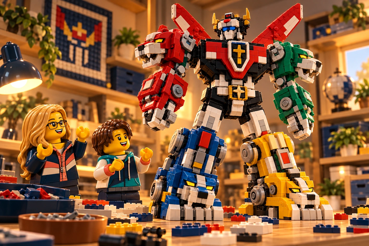 Illustration en briques : deux minifigurines découvrent un grand robot multicolore inspiré de Voltron.
