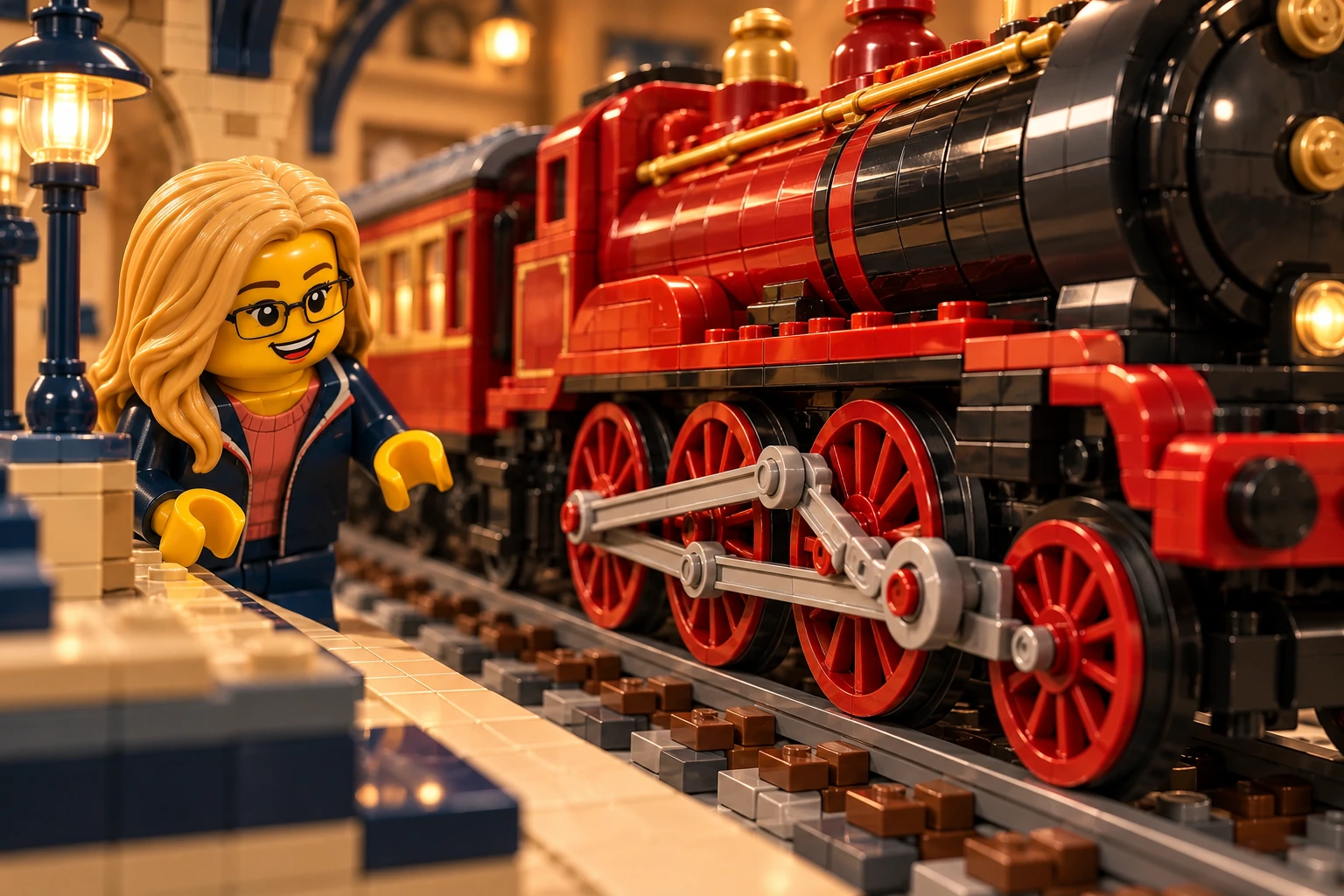 Illustration en briques : une minifigurine à lunettes observe les roues rouges et les bielles sous la chaudière.