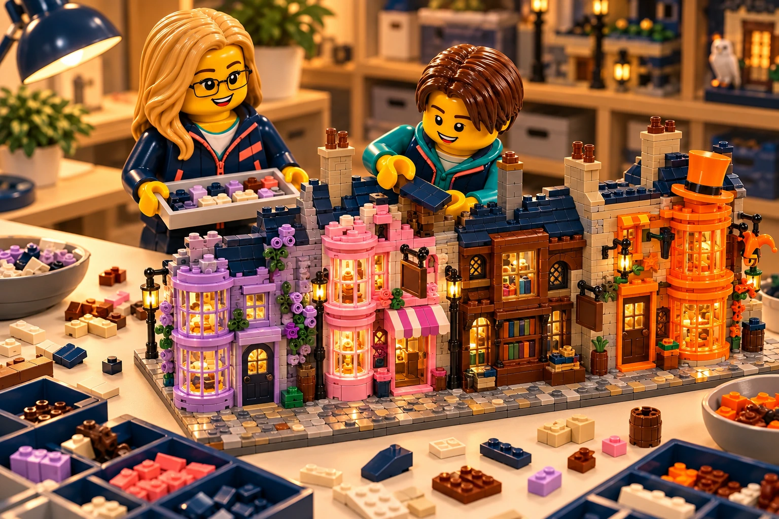Illustration en briques : deux minifigurines assemblent une construction inspirée de Chemin de Traverse, avec des pièces triées sur une table.