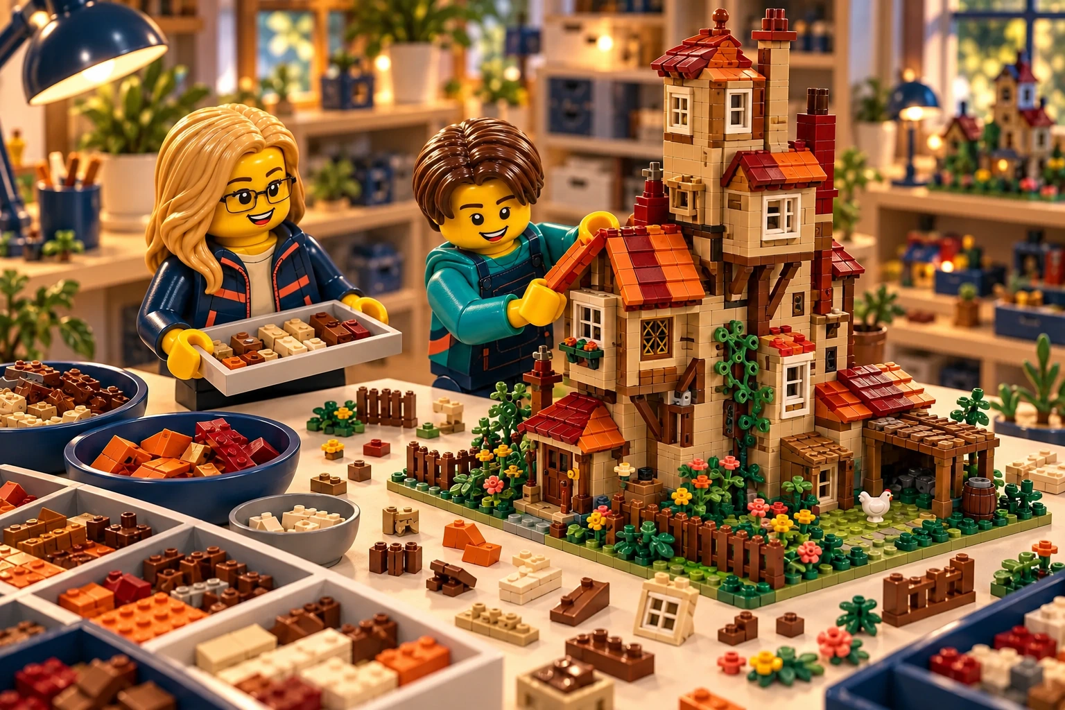 Illustration en briques : deux minifigurines assemblent une construction inspirée de Terrier des Weasley, avec des pièces triées sur une table.