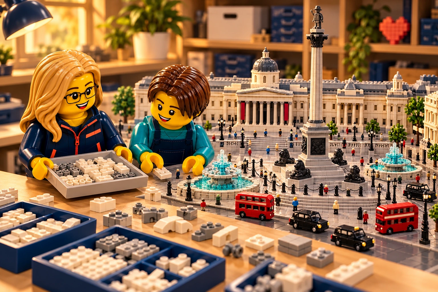 Illustration en briques : deux minifigurines transmettent des pièces près d’une maquette inspirée de Trafalgar Square.