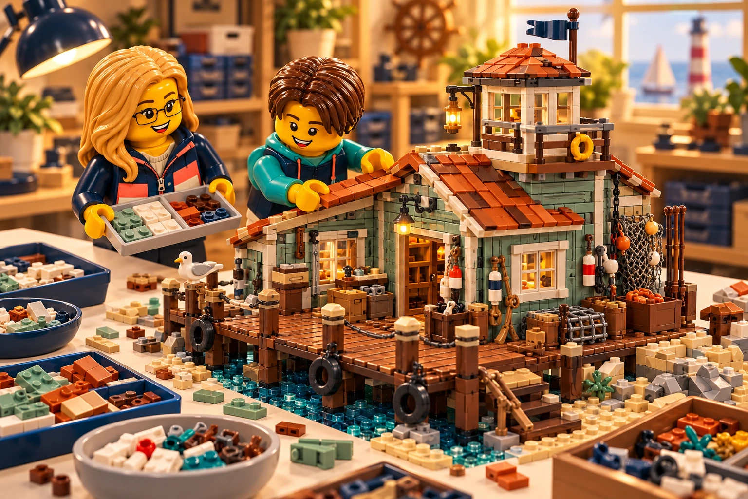 Illustration en briques : deux minifigurines assemblent une construction inspirée de Vieux magasin de pêche, avec des pièces triées sur une table.