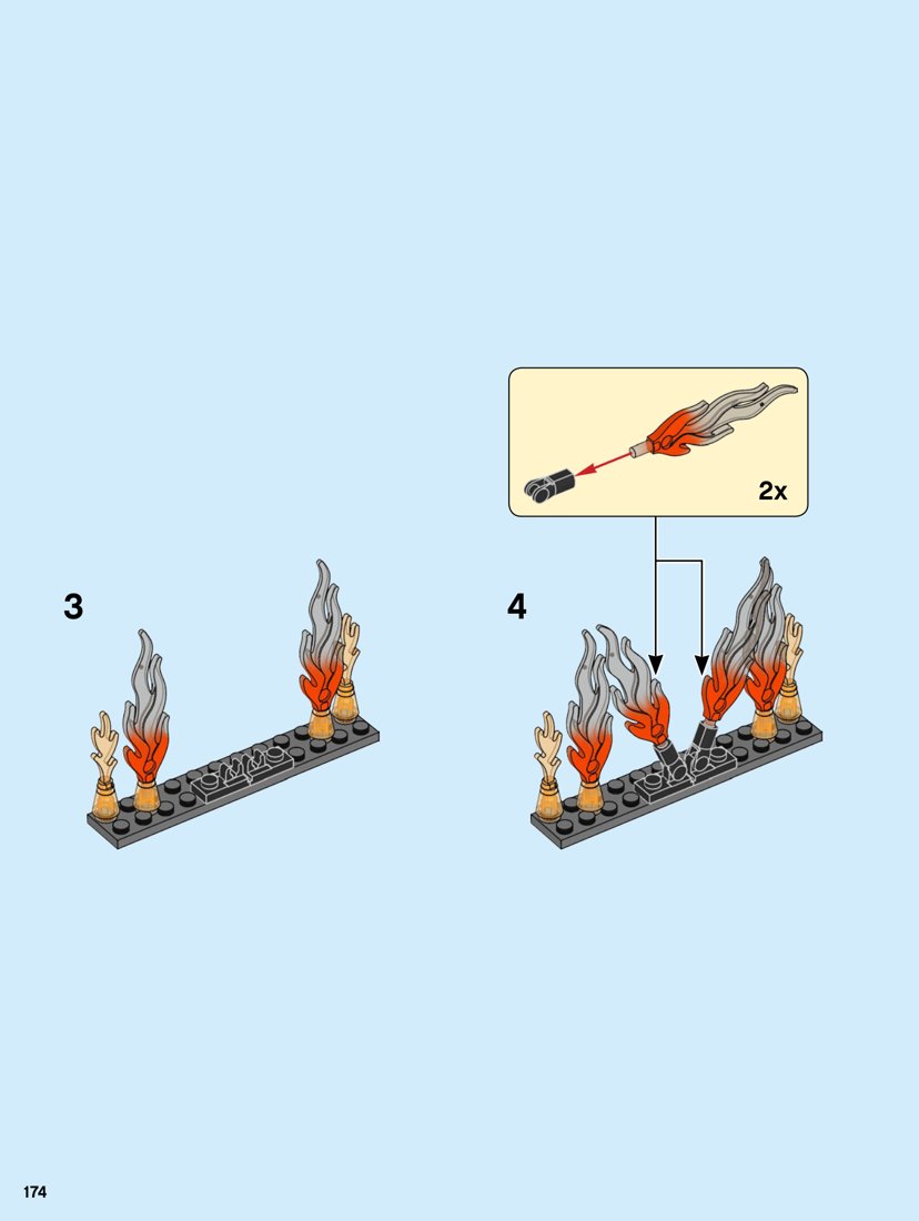 Extrait officiel LEGO 75980, page 174 : Un groupe de flammes indépendant