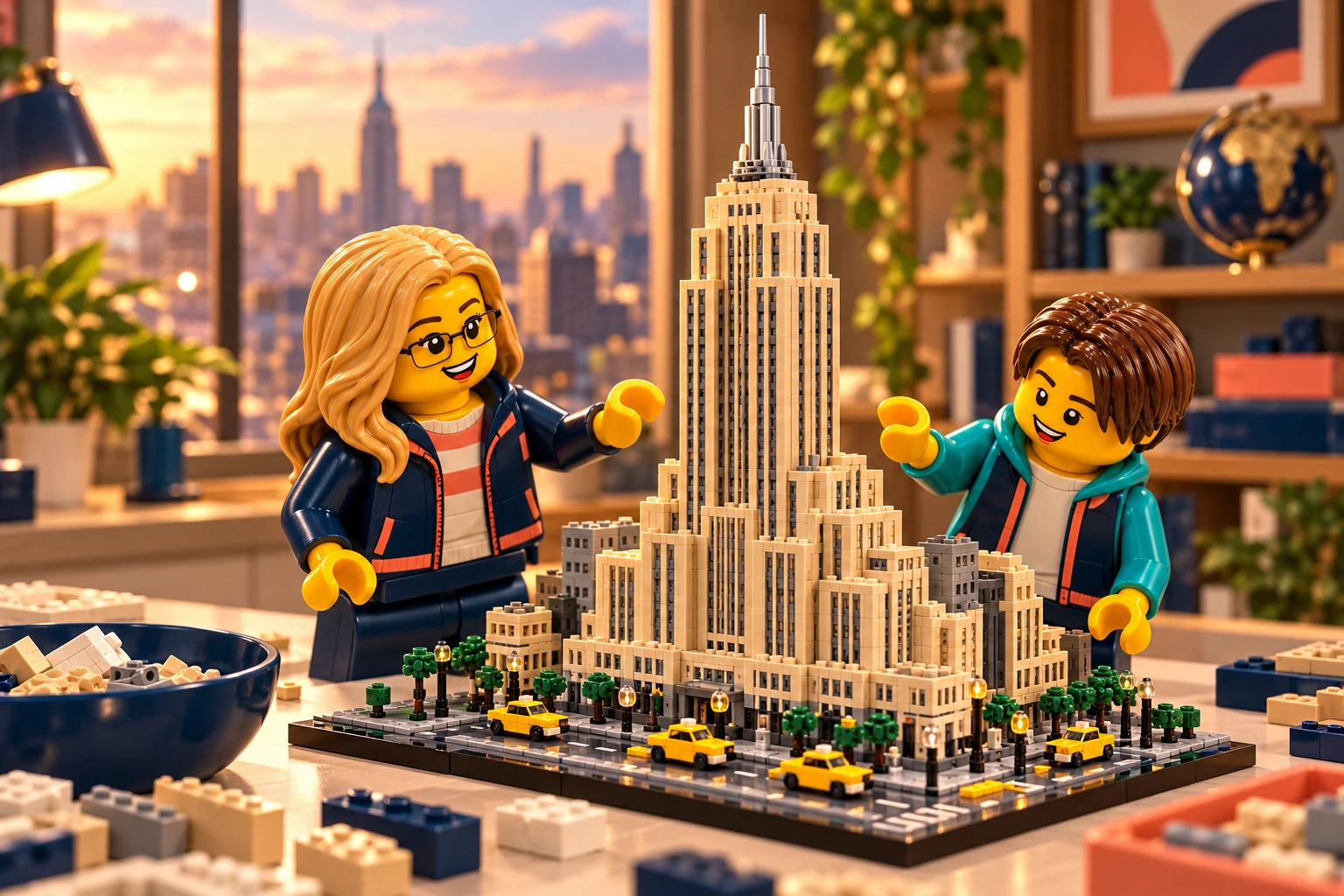 Illustration en briques : deux minifigurines découvrent une haute tour Art déco miniature inspirée de l’Empire State Building.