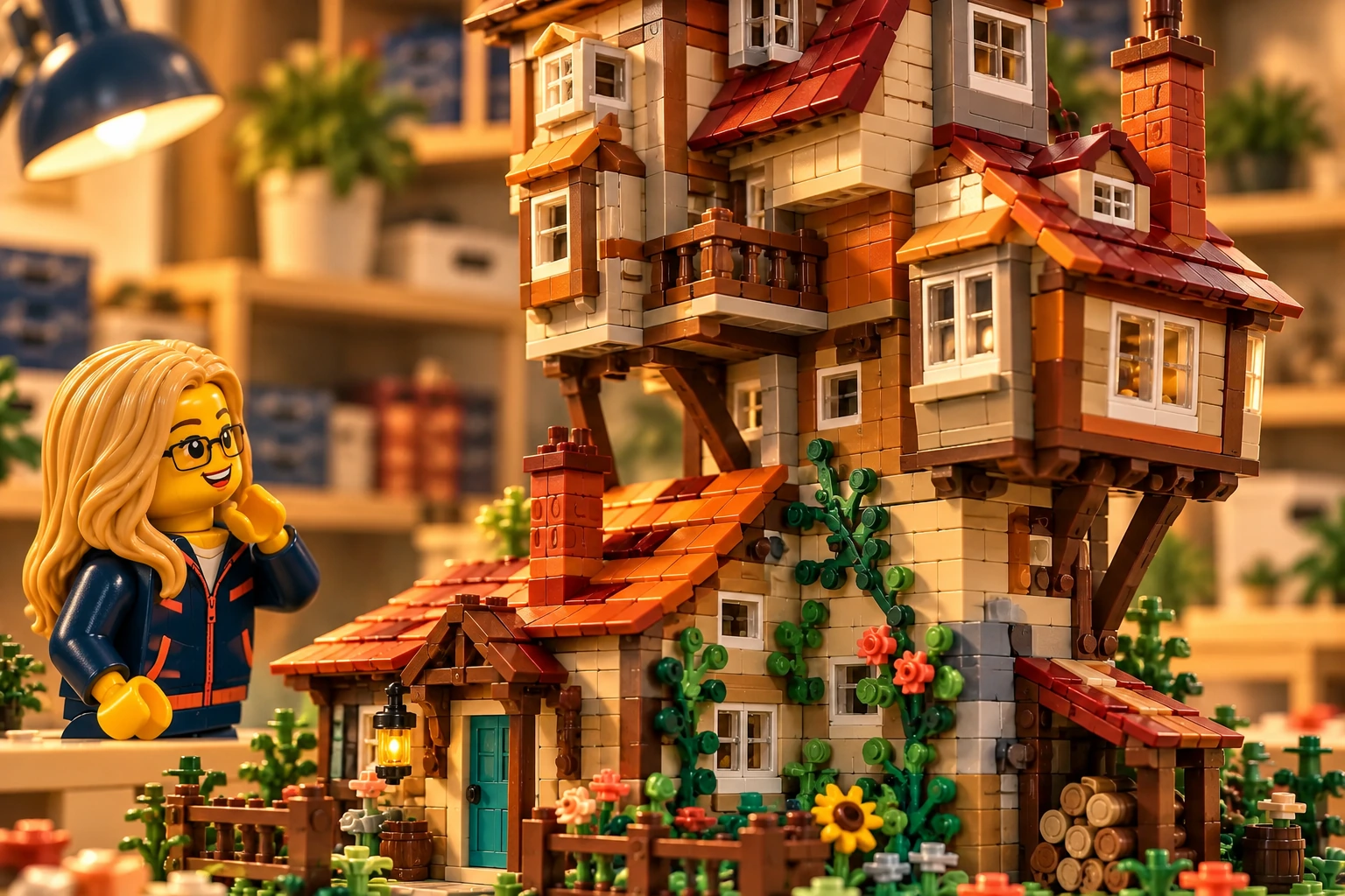 Illustration en briques : une minifigurine à lunettes observe les étages décalés et les toits de la maison.