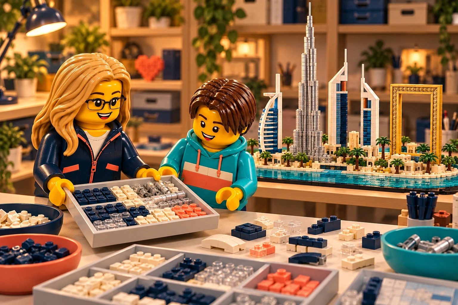 Illustration en briques : deux minifigurines échangent un plateau de pièces près d’une construction inspirée de Dubaï.