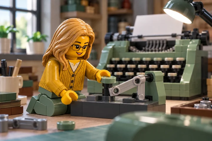 Illustration en briques : une figurine blonde à lunettes pose la main sur un petit montage à levier, devant une machine à écrire en briques.