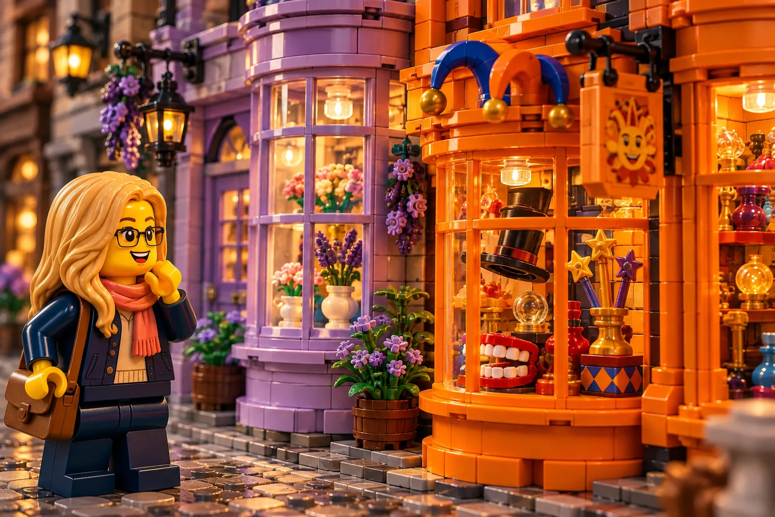 Illustration en briques : une minifigurine à lunettes observe les vitrines orange et lavande des boutiques.