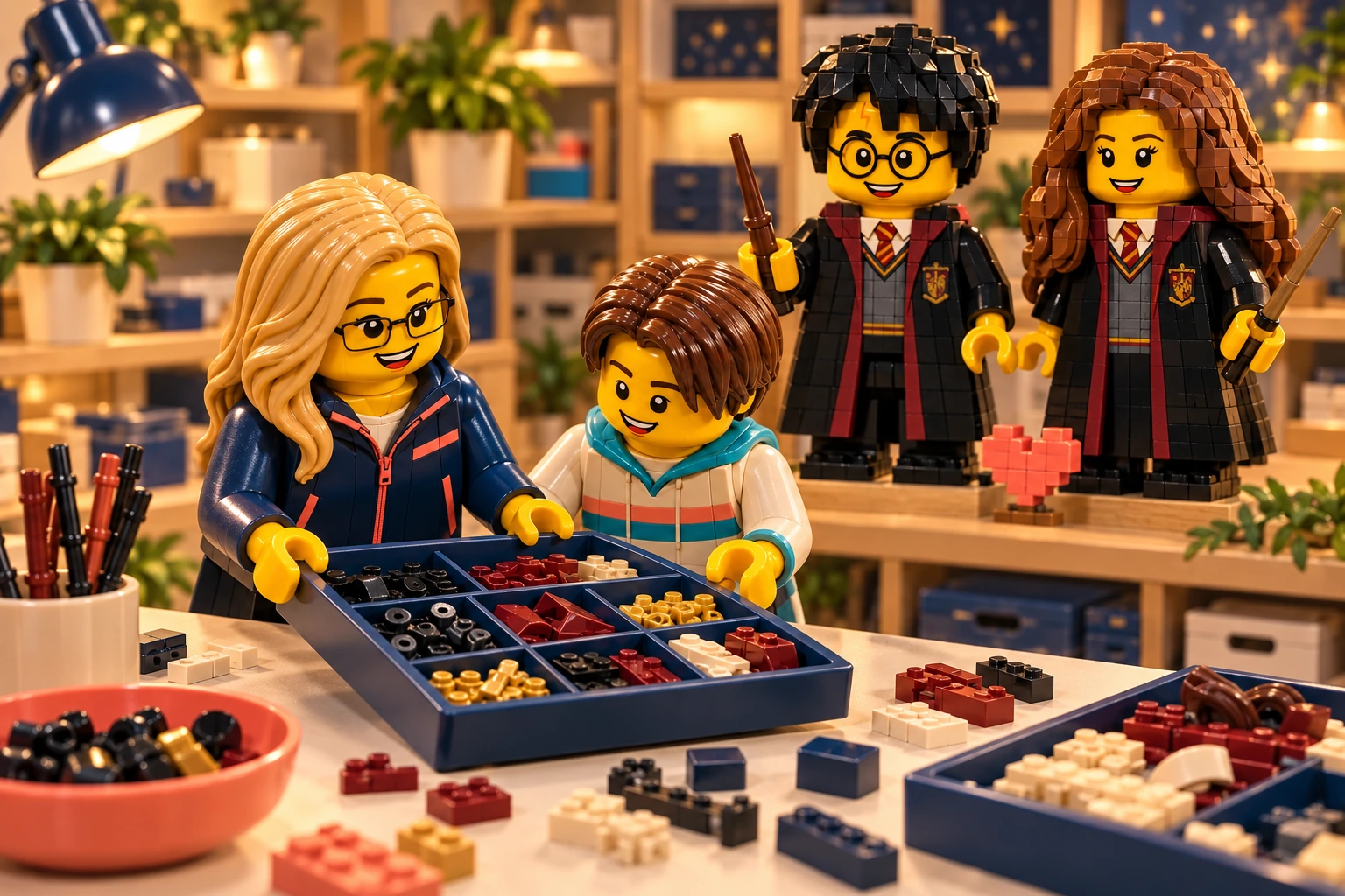 Illustration en briques : deux minifigurines échangent un plateau de pièces près d’une construction inspirée de Grandes figurines Harry et Hermione.