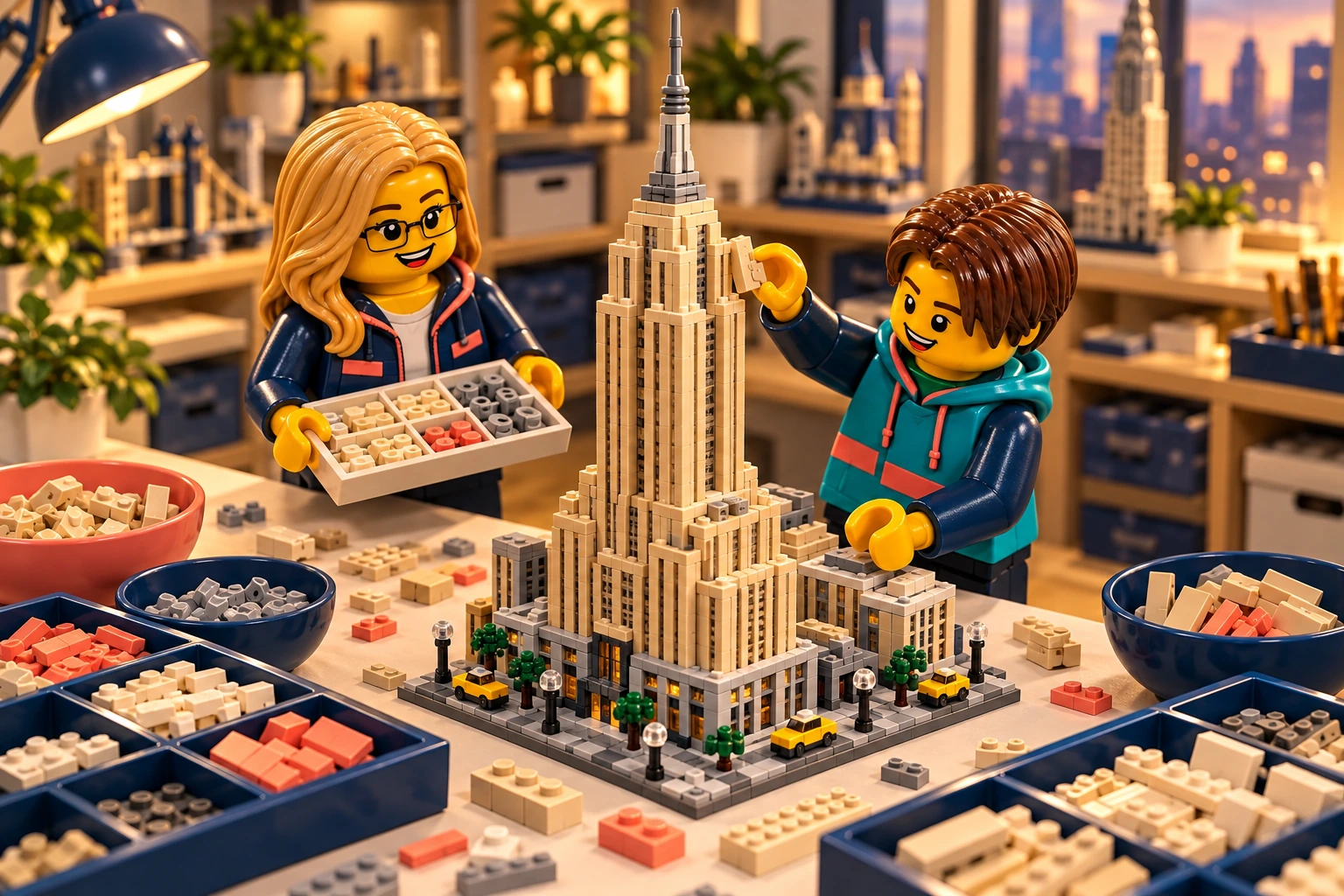 Illustration en briques : deux minifigurines assemblent une construction inspirée de Empire State Building, avec des pièces triées sur une table.