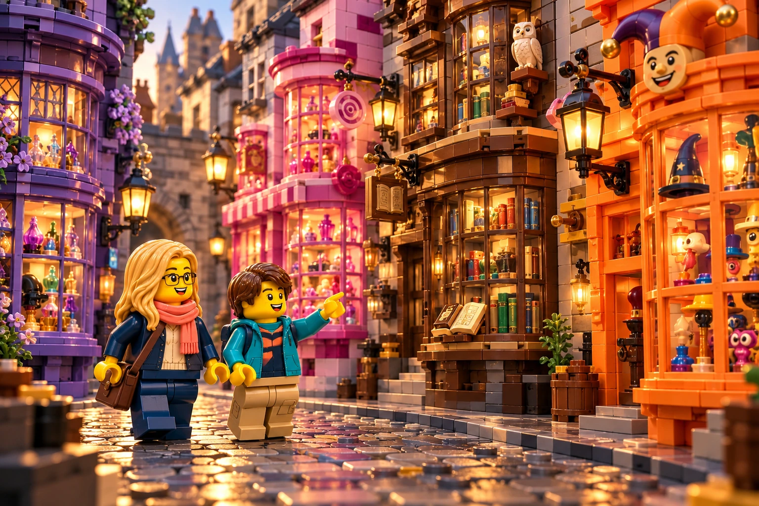 Illustration en briques : deux minifigurines découvrent une rue de boutiques de sorciers aux façades variées.