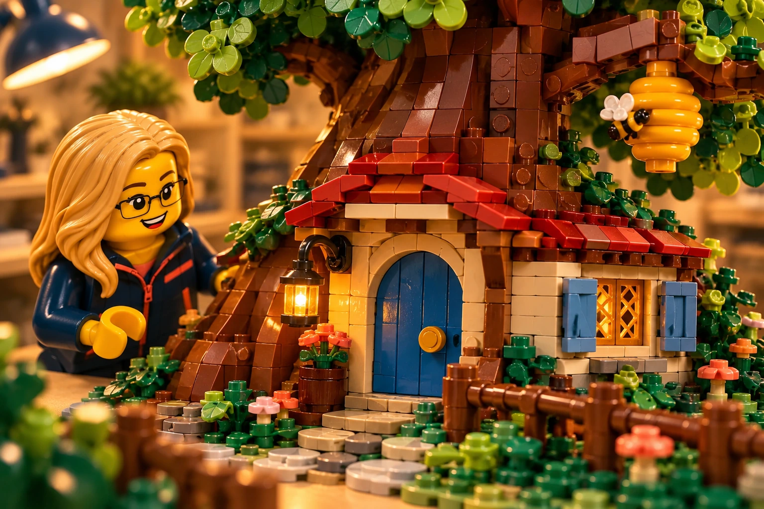 Illustration en briques : une minifigurine à lunettes observe la porte bleue sous l’arbre et la ruche suspendue.