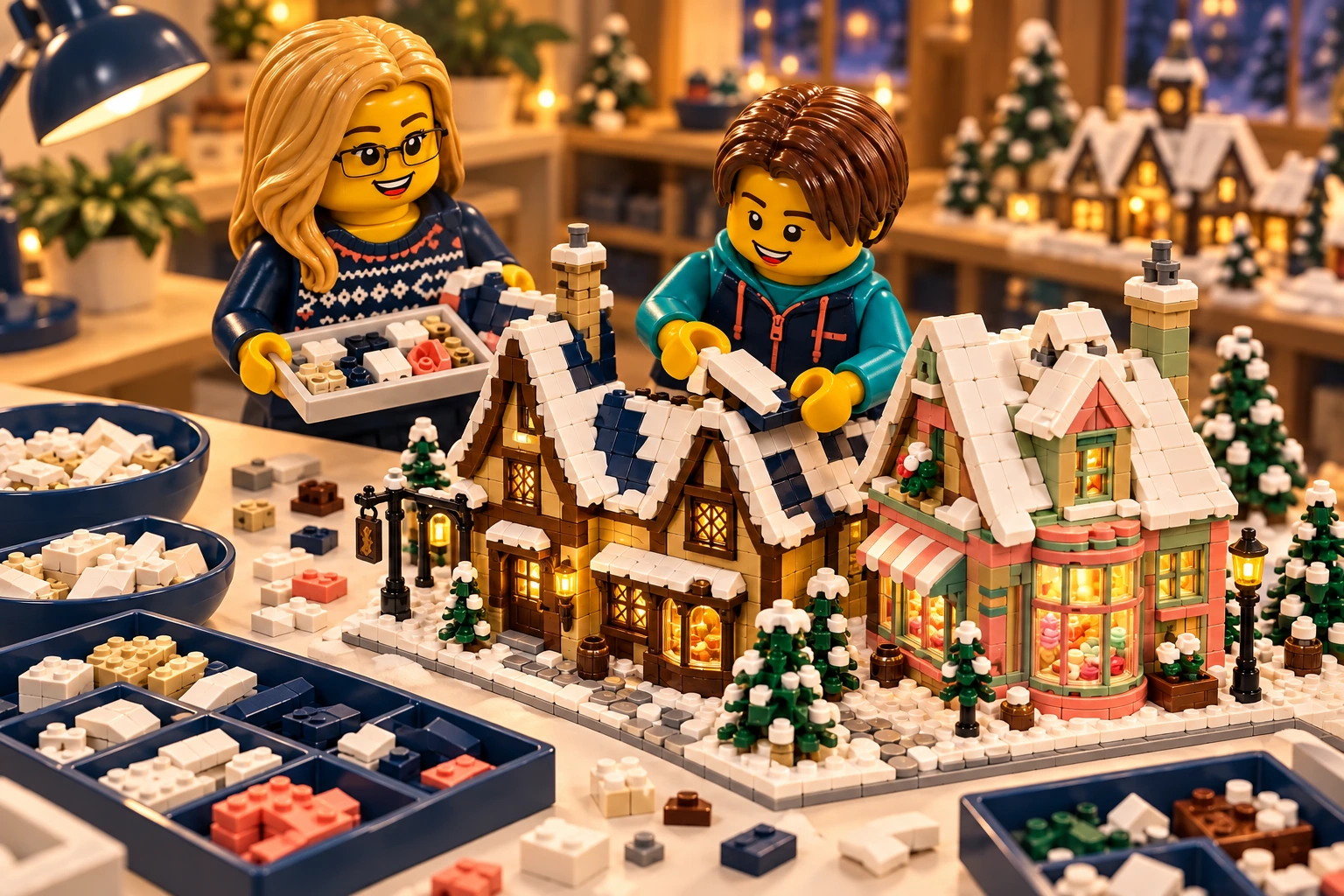 Illustration en briques : deux minifigurines assemblent une construction inspirée de Pré-au-Lard, avec des pièces triées sur une table.