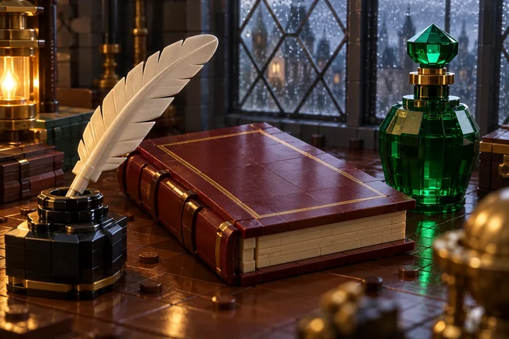 Illustration en briques : une plume blanche moulée se dresse dans un encrier noir près d’un livre bordeaux fermé et d’un flacon vert translucide, devant une fenêtre de pluie.