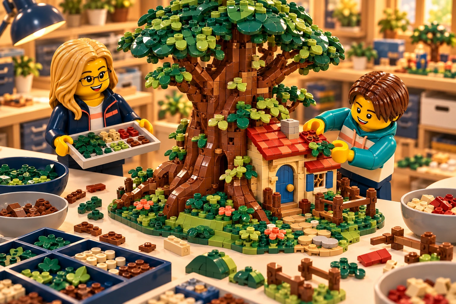Illustration en briques : deux minifigurines assemblent une construction inspirée de Winnie l’ourson, avec des pièces triées sur une table.