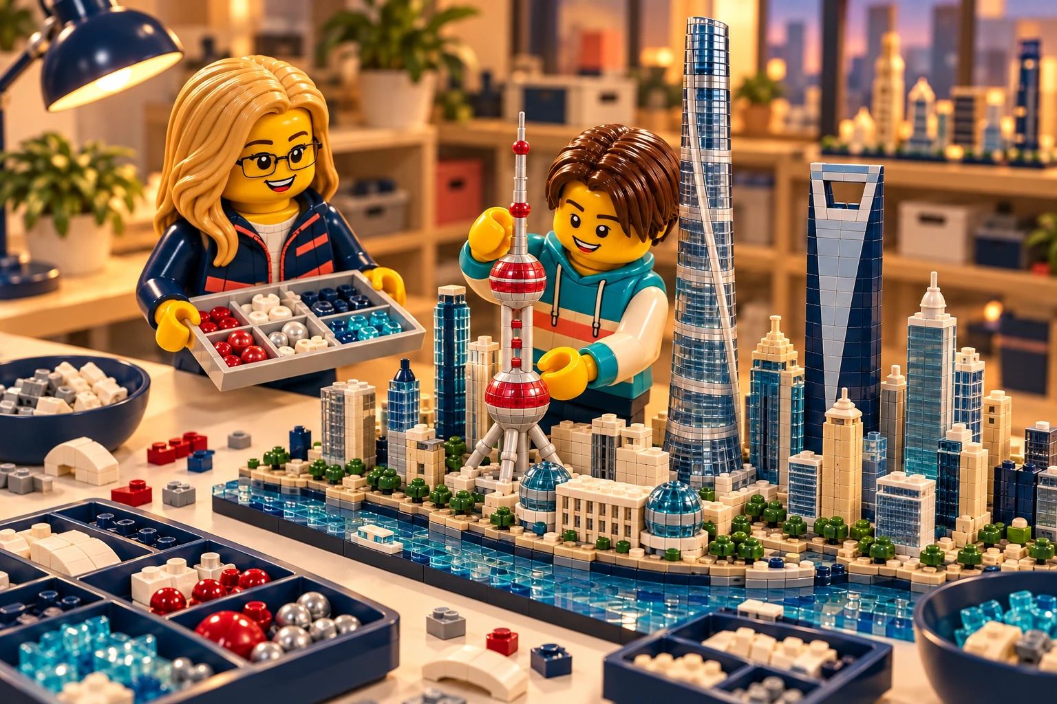 Illustration en briques : deux minifigurines assemblent une construction inspirée de Shanghai, avec des pièces triées sur une table.
