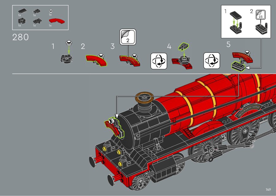 Extrait officiel LEGO 76405, page 149 : Le nom et le numéro de la locomotive