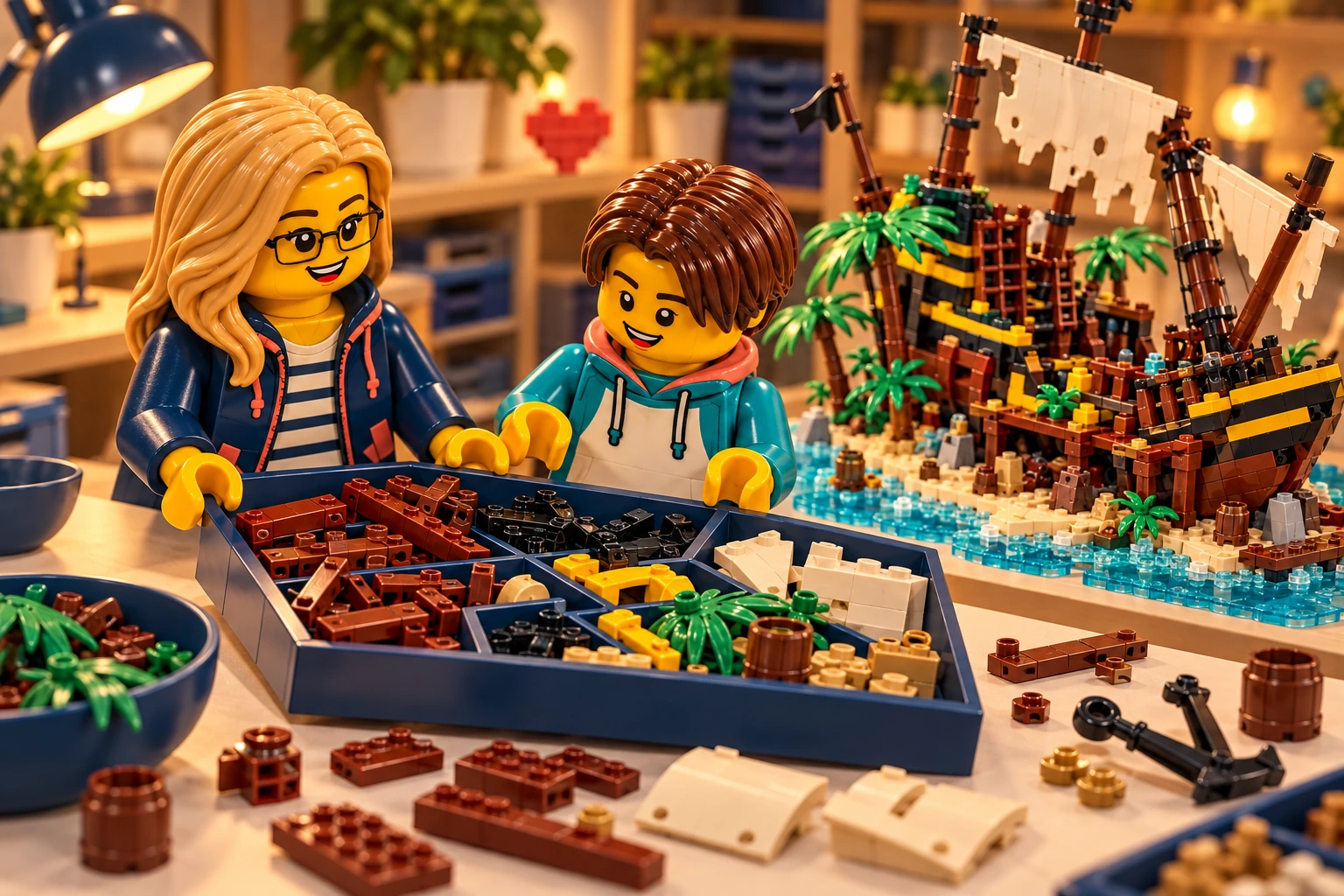 Illustration en briques : deux minifigurines échangent un plateau de pièces près d’une construction inspirée de Pirates de la baie de Barracuda.