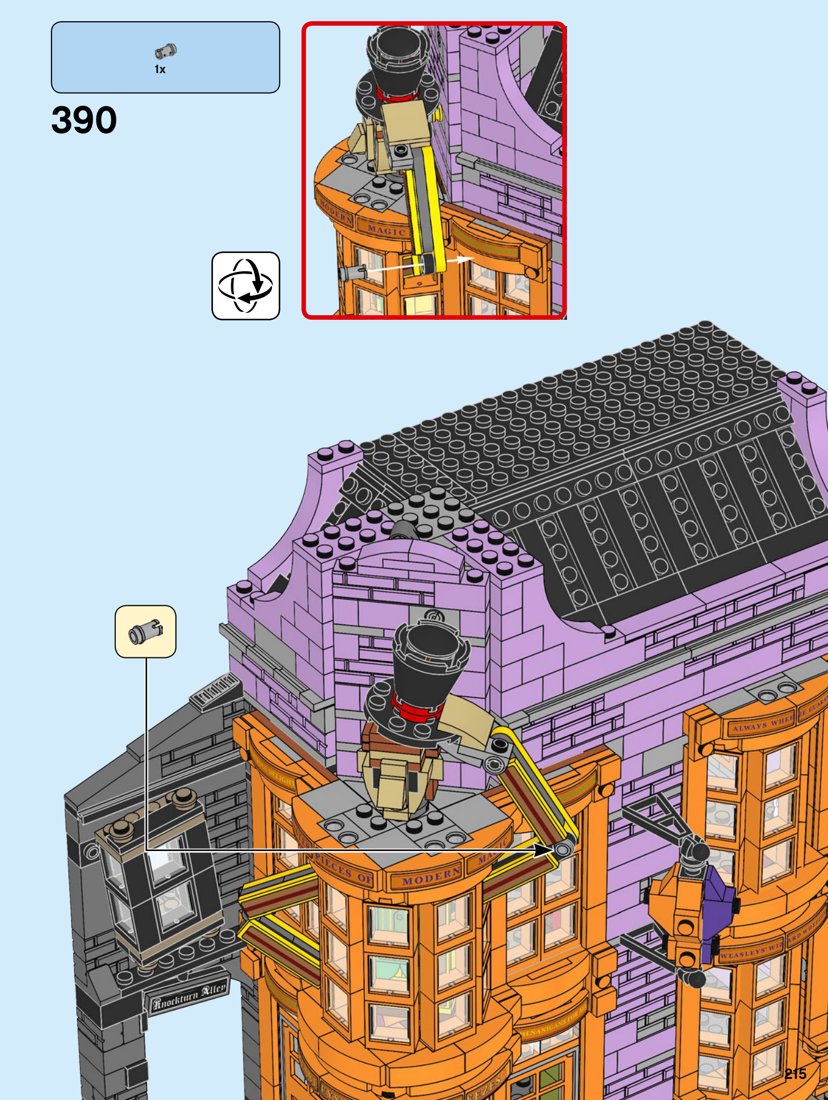Extrait officiel LEGO 75978, page 215 : L’enseigne des Weasley sort du mur