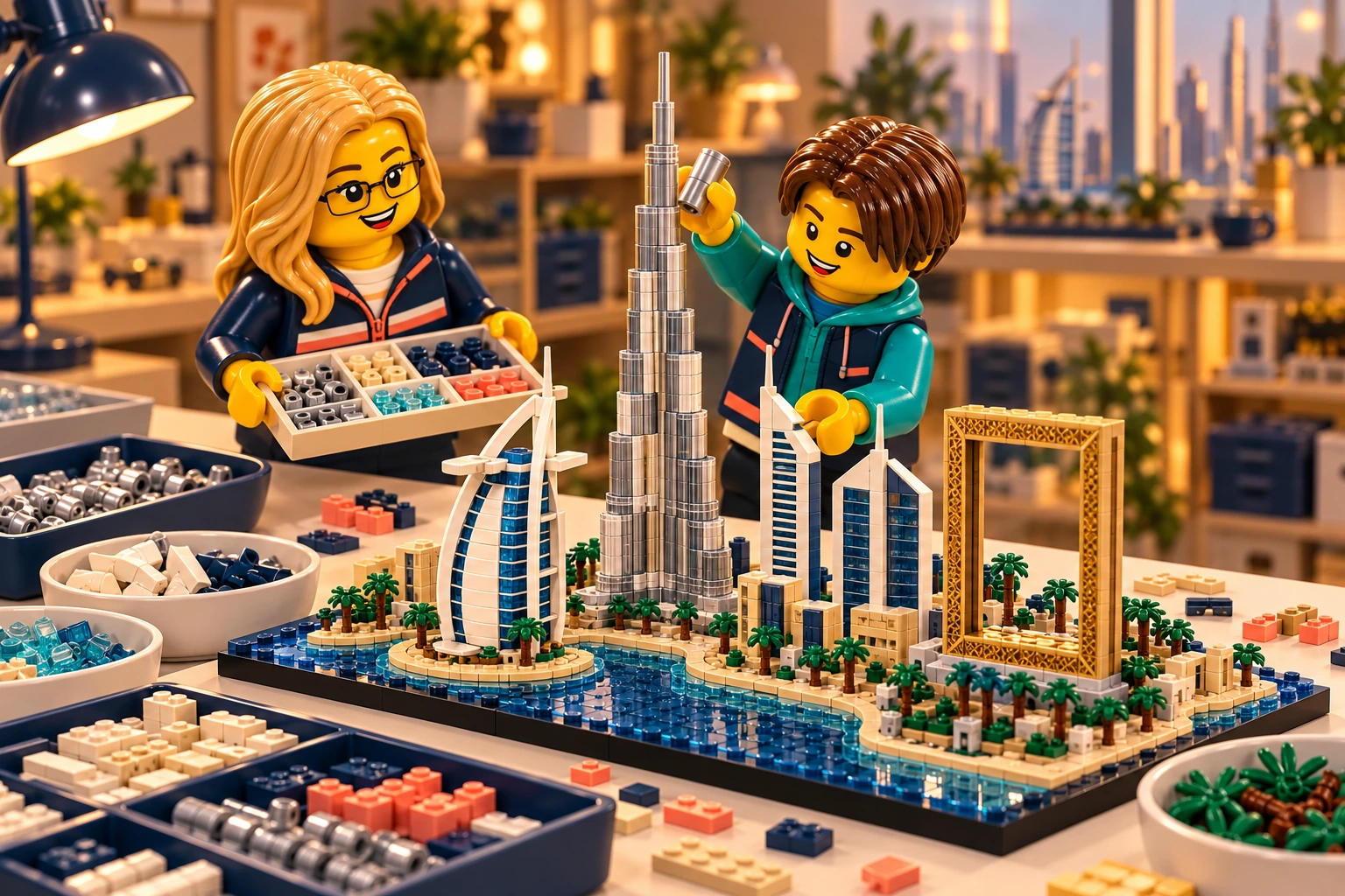 Illustration en briques : deux minifigurines assemblent une construction inspirée de Dubaï, avec des pièces triées sur une table.