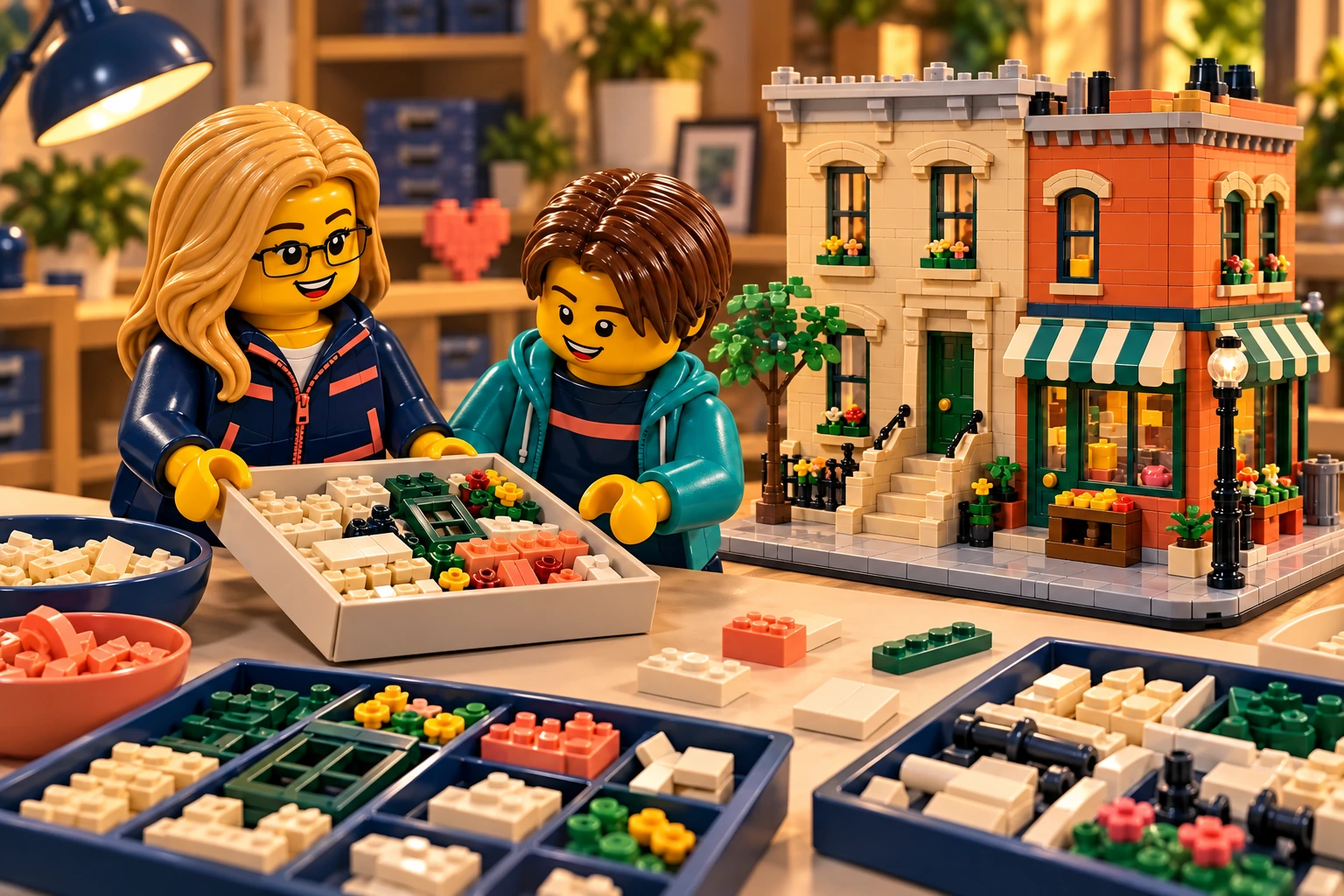 Illustration en briques : deux minifigurines échangent un plateau de pièces près d’une construction inspirée de 123 Sesame Street.